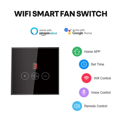 Glomarket Tuya Smart Wifi Ceiling Fan Switch Eu Стандартное стеклянное сенсорное стеновое приложение Удаленное управление электрическим переключателем скорости вентилятора